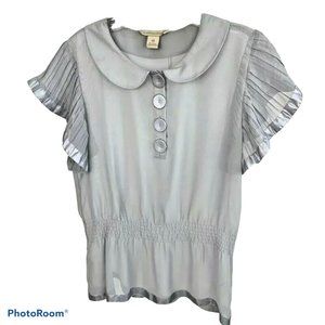 Jonathan Martin Womens Blouse Gray Cap Sleeve Peter Pan Smocked Ruffle Buttons S